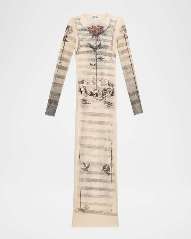 Tattoo Mariniere Mesh Long-Sleeve Maxi Dress